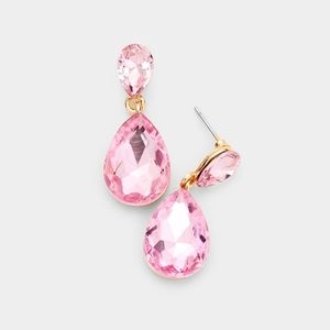 Pink Dangle Crystal Earrings 1.25 Inch Double Glass Teardrop